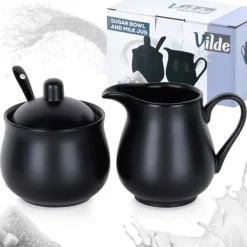 Serveringsfat & Skålar-Sockerskål och gräddkanna, svart porslin, 3 delar.