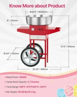 Maskiner För Spunnet Socker-Sockervaddsmaskin, rostfri stålskål, inkluderar socker skopa,röd