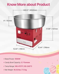 Maskiner För Spunnet Socker-Sockervaddsmaskin, rostfri stålskål, 1000W prestanda,Röd