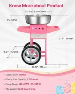 Sockervaddsmaskin, 1000W Effekt, Skål i Rostfritt Stål,Rosa