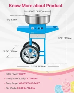 Sockervaddsmaskin, 1000W effekt, 3,7 ounces kapacitet, 20,5 tum skål,Blå