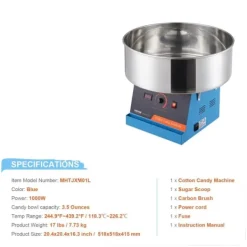 Sockervaddsmaskin, 1000W Effekt, Justerbar Temperaturkontroll,Blå