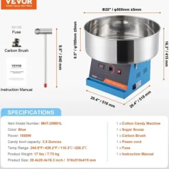 Sockervaddsmaskin, 1000W Effekt, Justerbar Temperaturkontroll,Blå
