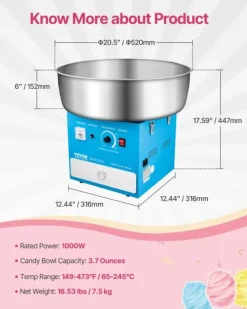 Maskiner För Spunnet Socker-Sockervaddsmaskin, 1000W effekt, 3,7 ounces kapacitet, temperaturintervall 149-473°F,Blå