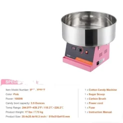 Sockervaddsmaskin, 1000W hög effekt, rostfri stålskål,Rosa