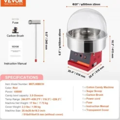 Sockervaddsmaskin, 1000W, 51.8x51.8x41.5 cm, Röd, Skål i rostfritt stål