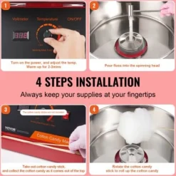 Sockervaddsmaskin, 1000W, 51.8x51.8x41.5 cm, Röd, Skål i rostfritt stål