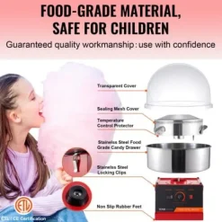 Sockervaddsmaskin, 1000W, 51.8x51.8x41.5 cm, Röd, Skål i rostfritt stål