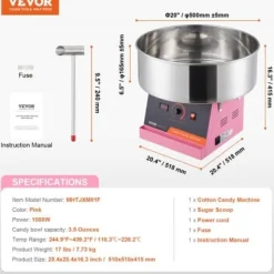Maskiner För Spunnet Socker-Sockervaddsmaskin, 1000W, 51.8x51.8x41.5 cm, Rosa, Rostfritt stål