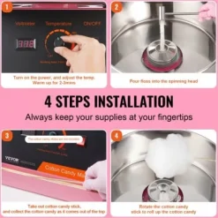 Maskiner För Spunnet Socker-Sockervaddsmaskin, 1000W, 51.8x51.8x41.5 cm, Rosa, Rostfritt stål