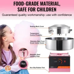 Maskiner För Spunnet Socker-Sockervaddsmaskin, 1000W, 51.8x51.8x41.5 cm, Rosa, Rostfritt stål