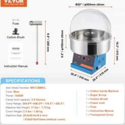 Sockervaddsmaskin, 1000W, 52x52x41.5 cm, Blå, Rostfritt stål