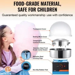 Sockervaddsmaskin, 1000W, 52x52x41.5 cm, Blå, Rostfritt stål