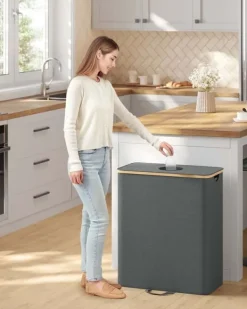 Tvättutrustning-SONGMICS insamlingsbehållare för pantflaskor 135 L skiffergrå-naturbeige