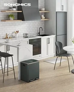 Soptunnor & Papperskorgar-Songmics Kitchen Bin, 2 x 15 L stål skräpfack, stegfack med inre hinkar, antracitgrå