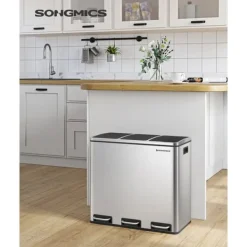 Källsorteringskärl-SONGMICS återvinningskärl, 3 x 18 L trippelkökskärl, 3-fack pedalbehållare, silver