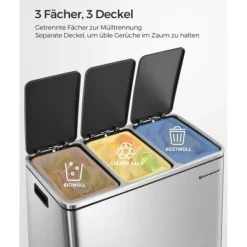 Källsorteringskärl-SONGMICS återvinningskärl, 3 x 18 L trippelkökskärl, 3-fack pedalbehållare, silver