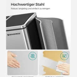 Källsorteringskärl-SONGMICS återvinningskärl, 3 x 18 L trippelkökskärl, 3-fack pedalbehållare, silver