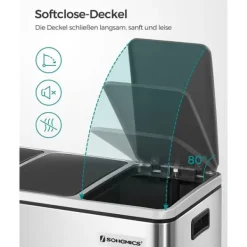 Källsorteringskärl-SONGMICS återvinningskärl, 3 x 18 L trippelkökskärl, 3-fack pedalbehållare, silver