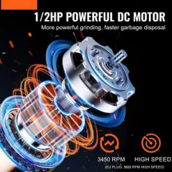 Sophantering 1/2 HP Kontinuerlig matavfallskvarn, 3820 RPM, effektiv avfallshantering, hållbar design, enkel installation