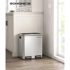 Soptunnor & Papperskorgar-Soptunna, 2 x 15L stålsoptunna, stegad soptunna med innerhink och handtag, för kök, mjuk stängning, lufttät, silver och svart LTB30H