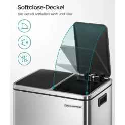 Soptunnor & Papperskorgar-Soptunna, 2 x 15L stålsoptunna, stegad soptunna med innerhink och handtag, för kök, mjuk stängning, lufttät, silver och svart LTB30H