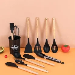 Köksutrustningsset-12st Silikon Köksredskap i Ställ - Värmebeständiga redskap