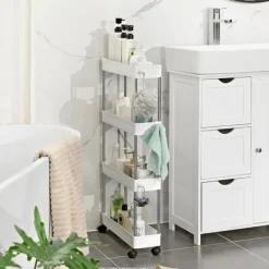 4-stegs förvaringsvagn på hjul, förvaringsenhet i plast, platsbesparande hylla för små utrymmen, badrum och kök, 40 x 12,5 x 88 cm, vit KSC08WT