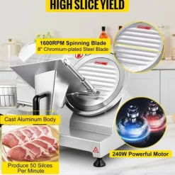 30st/min halvautomatisk elektrisk köttskärare med 20,3cm blad, 0-12mm justerbar skivtjocklek, stor kapacitet, säker design