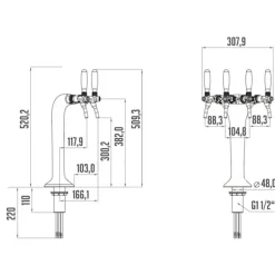 Ölkranar-Tapptorn, krom 4-vägs, elegant, Toppkvalitet!