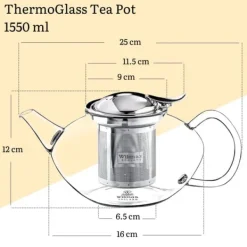 Tekanna 1550 ml Glas med Rostfritt Stålfilter – Värmebeständig Tebryggare