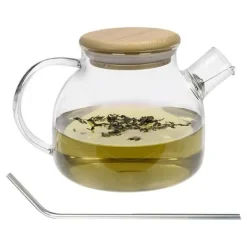 Kaffe- & Tekannor-Tekanna av glas och bambu 1 L + 4 sugrör i rostfritt stål