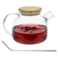 Kaffe- & Tekannor-Tekanna av glas och bambu 1 L + 4 sugrör i rostfritt stål