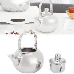 Tekanna i rostfritt stål i 304, platt botten, induktionskokare, vattenkokare, tekanna med filter, silver, 16 cm, 1,2 l