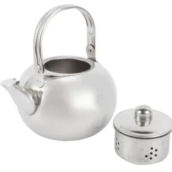 Tekanna i rostfritt stål med filter - 304 rostfritt stål, platt botten, kompatibel med induktionsspis, 14 cm diameter, 1L kapacitet (silver)