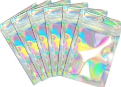Återförslutningsbara aluminiumfoliepåsar (50 st), perfekta för festförvaring, holografiska färger, 7,5*12 cm
