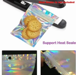 Återförslutningsbara aluminiumfoliepåsar (50 st), perfekta för festförvaring, holografiska färger, 7,5*12 cm
