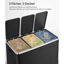 Källsorteringskärl-Återvinningskärl Songmics, 3 x 18 L trippelkökskärl, pedalhink med 3 fack och mjukstängande lock, innerhinkar i plast och handtag, svart