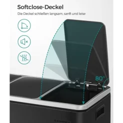 Källsorteringskärl-Återvinningskärl Songmics, 3 x 18 L trippelkökskärl, pedalhink med 3 fack och mjukstängande lock, innerhinkar i plast och handtag, svart