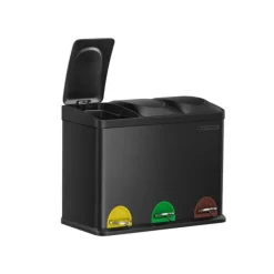 Källsorteringskärl-Trippel köksavfallskorg, återvinningskärl, pedal, metallavfallskorg, 45 L, avfallssorteringssystem köksavfallskorg, 3 x 15 L, med lock, stål, svart