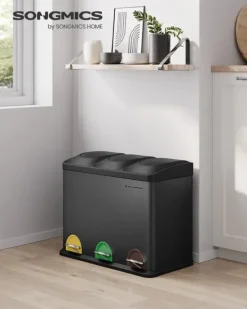 Källsorteringskärl-Trippel köksavfallskorg, återvinningskärl, pedal, metallavfallskorg, 45 L, avfallssorteringssystem köksavfallskorg, 3 x 15 L, med lock, stål, svart