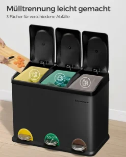 Källsorteringskärl-Trippel köksavfallskorg, återvinningskärl, pedal, metallavfallskorg, 45 L, avfallssorteringssystem köksavfallskorg, 3 x 15 L, med lock, stål, svart