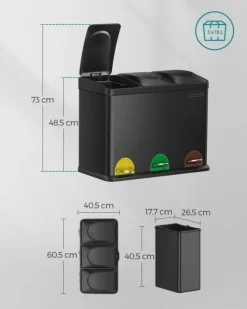 Källsorteringskärl-Trippel köksavfallskorg, återvinningskärl, pedal, metallavfallskorg, 45 L, avfallssorteringssystem köksavfallskorg, 3 x 15 L, med lock, stål, svart