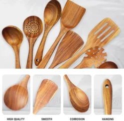 Köksutrustningsset-Träslevset för matlagning, 7-delad teakträredskap, Träslevset för kök, Träslevset för kök