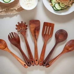 Köksutrustningsset-Träslevset för matlagning, 7-delad teakträredskap, Träslevset för kök, Träslevset för kök