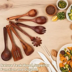 Köksutrustningsset-Träslevset för matlagning, 7-delad teakträredskap, Träslevset för kök, Träslevset för kök