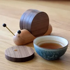 Glasunderlägg-Träunderlägg för mugg, värmeisolerande, söt snigelform, 5 st. runda träunderlägg med magnet