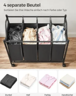 Tvättkorg – 4 fack – med hjul – svart