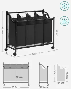 Tvättkorg – 4 fack – med hjul – svart