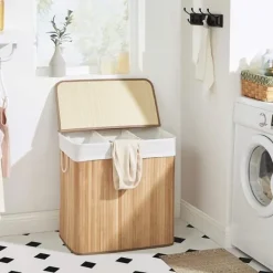 Tvättkorg i bambu 150L med 3 fack, avtagbar påse, lock - Naturlig